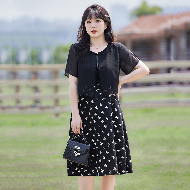 胖MM宽松显瘦舒适假两件套装夏季新款长款碎花雪纺连衣裙短袖披肩