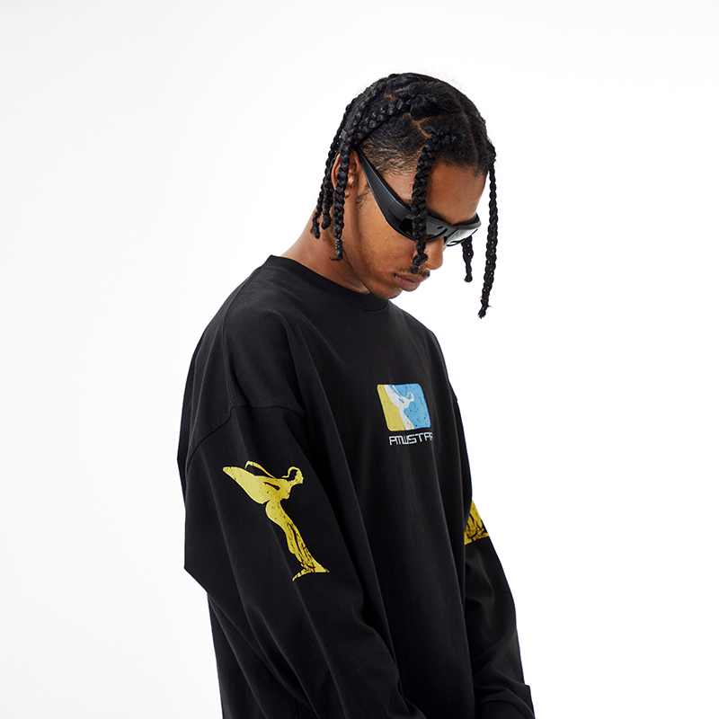 PMW 2023FW 复古做旧恶搞印花重磅圆领长袖T恤