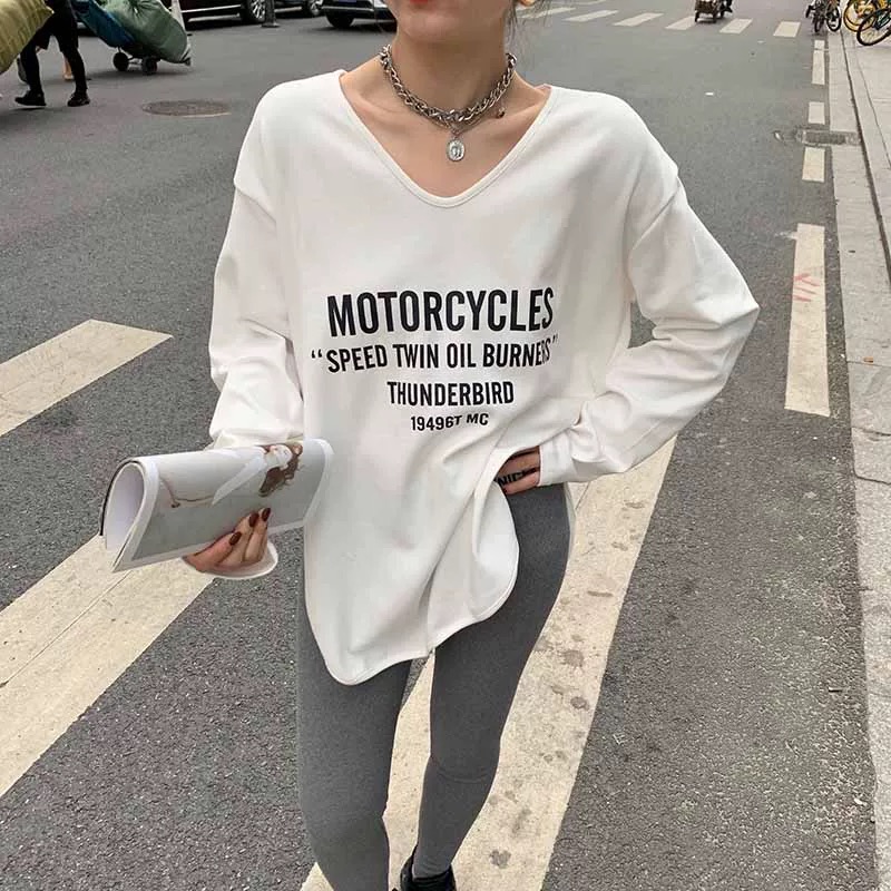 打底衫女秋冬2024新款韩版印花四排字母锁骨大版型t恤女宽松显瘦