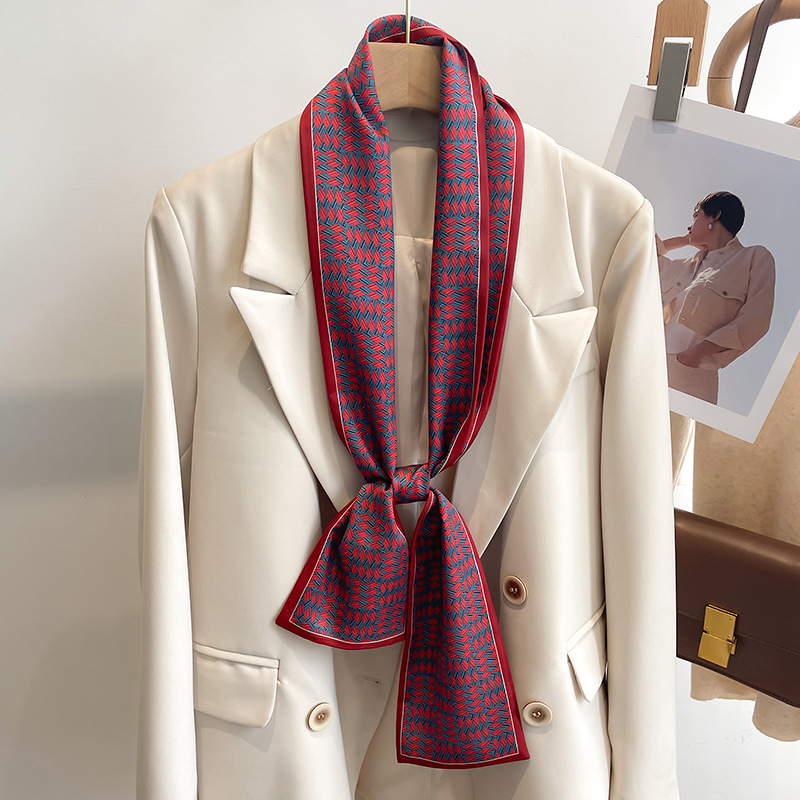 绿色小丝巾女韩国小领巾长款春秋夏季薄款洋气时尚搭衬衫细窄长条