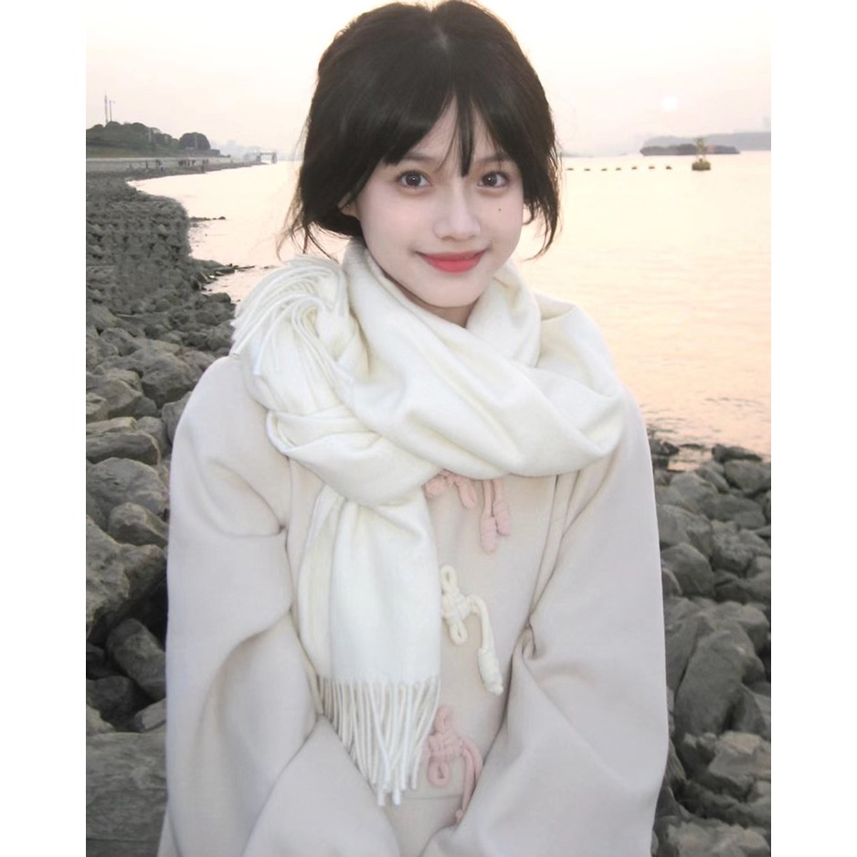 纯色围巾女士2023新款秋冬季仿羊绒韩版学生围脖披肩两用保暖白色