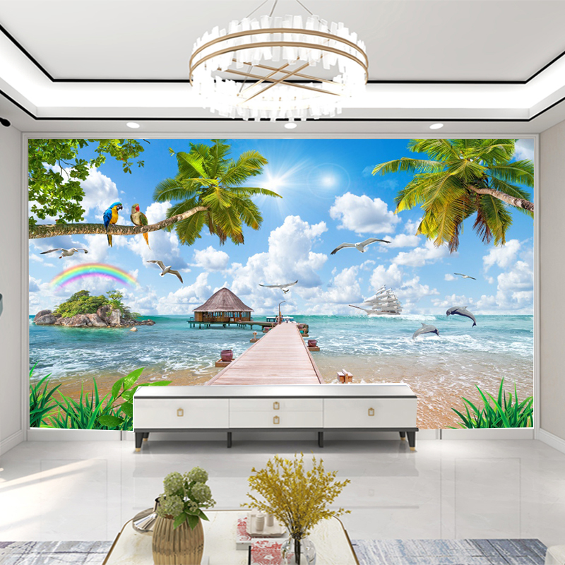 【海景椰树】餐厅卧室快装电视沙发背景墙壁画3D亮面客厅无缝装饰
