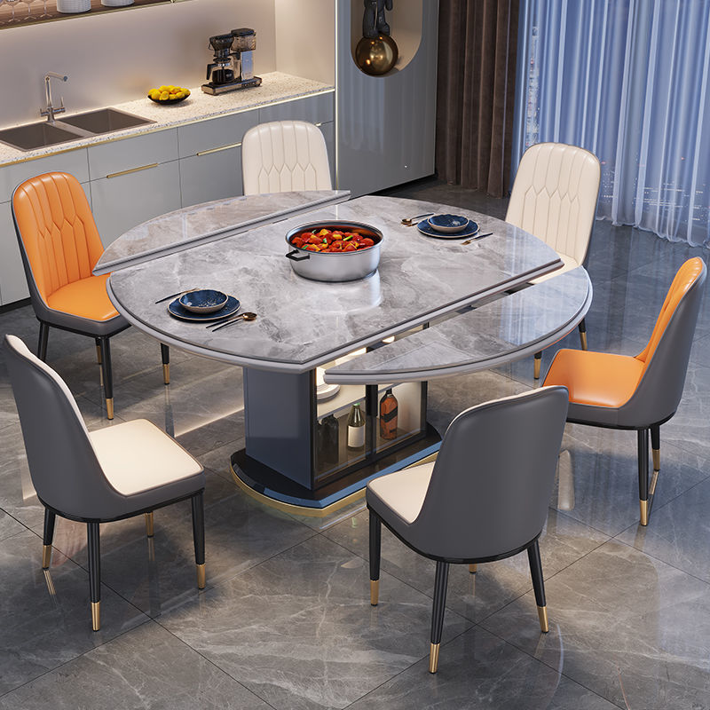 思樊轻奢岩板餐桌餐椅家用简约吃饭桌子圆桌可伸缩电磁炉储物餐桌