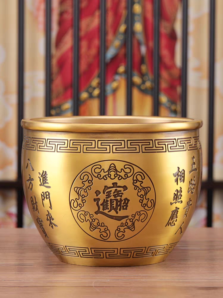 对联缸黄铜米缸聚宝盆黄铜家居摆件送礼佳品