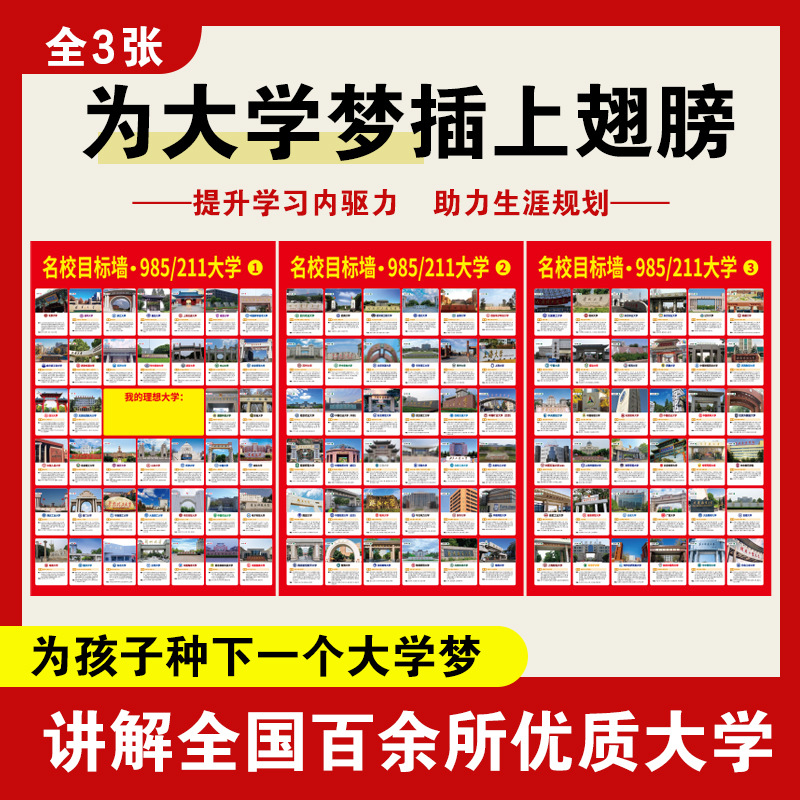 高考目标名校激励榜985/211百所大学介绍 高考目标大学励志图墙贴