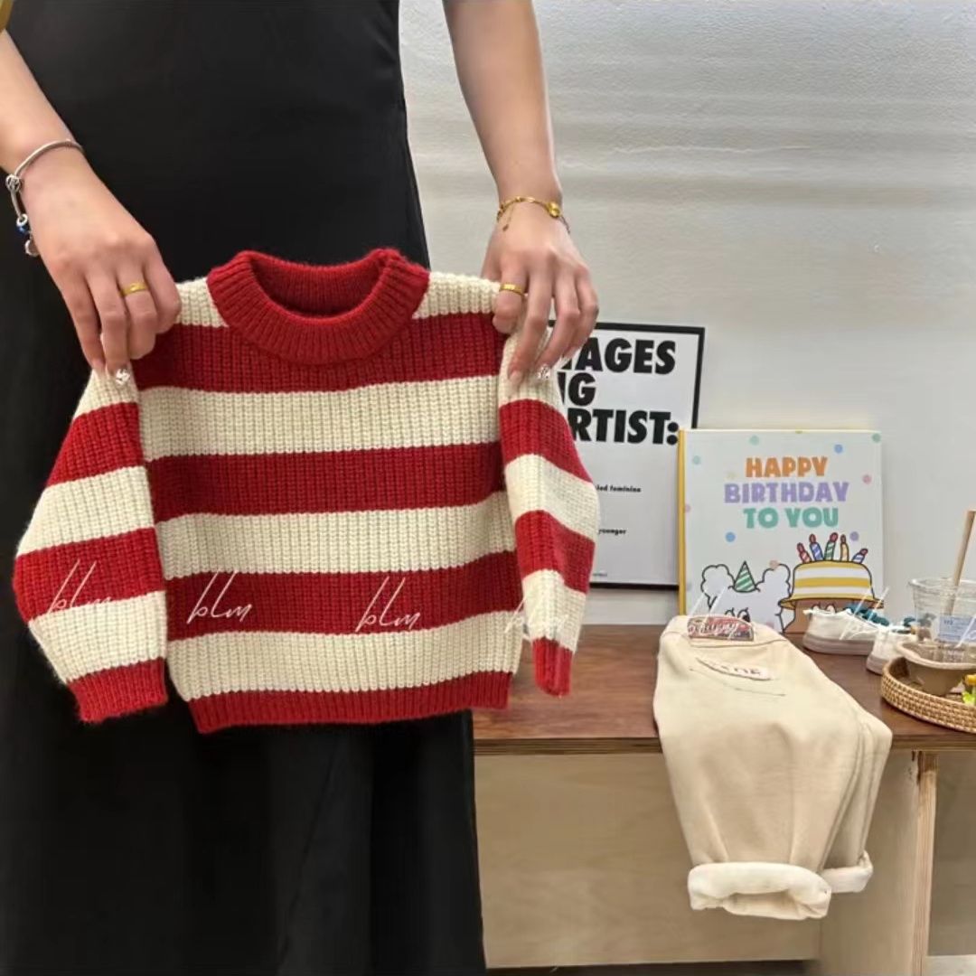 女童毛衣宽松加厚儿童条纹秋冬新款圆领2024针织衫洋气打底针织衫