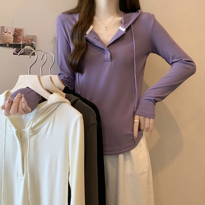 J抽绳连帽长袖T恤春秋微胖法式上衣大码胖妹妹打底衫鱼骨小衫衬衣