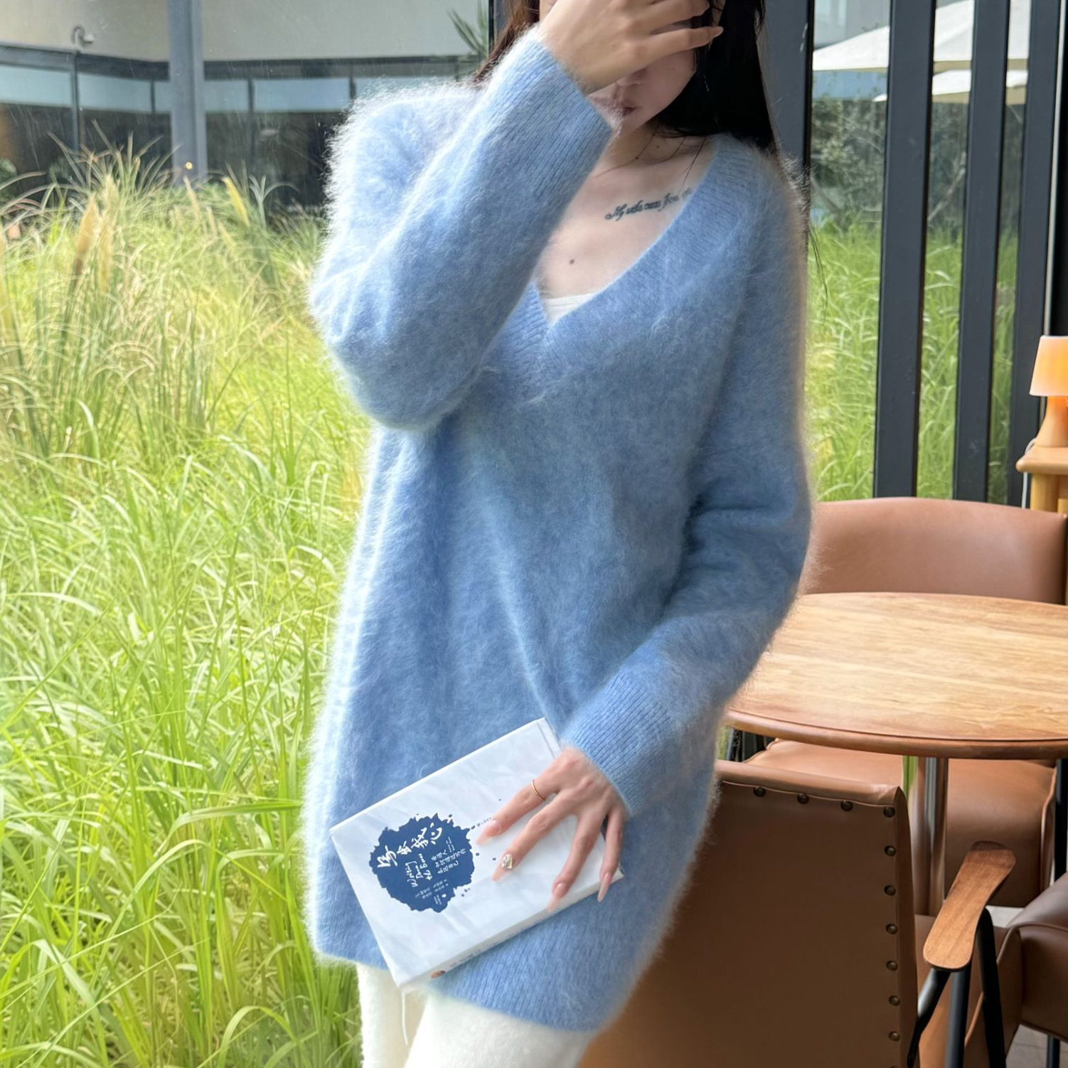 JIQING/吉卿【100%纯羊绒拉绒】V领时尚慵懒风女士秋冬宽松加厚147