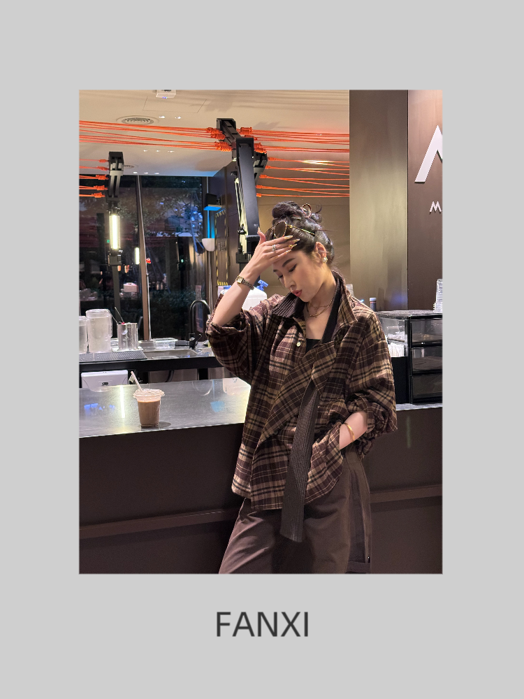 FANXI钒溪【雅】早秋新款宽松格纹衬衫显瘦气质时尚小众设计感