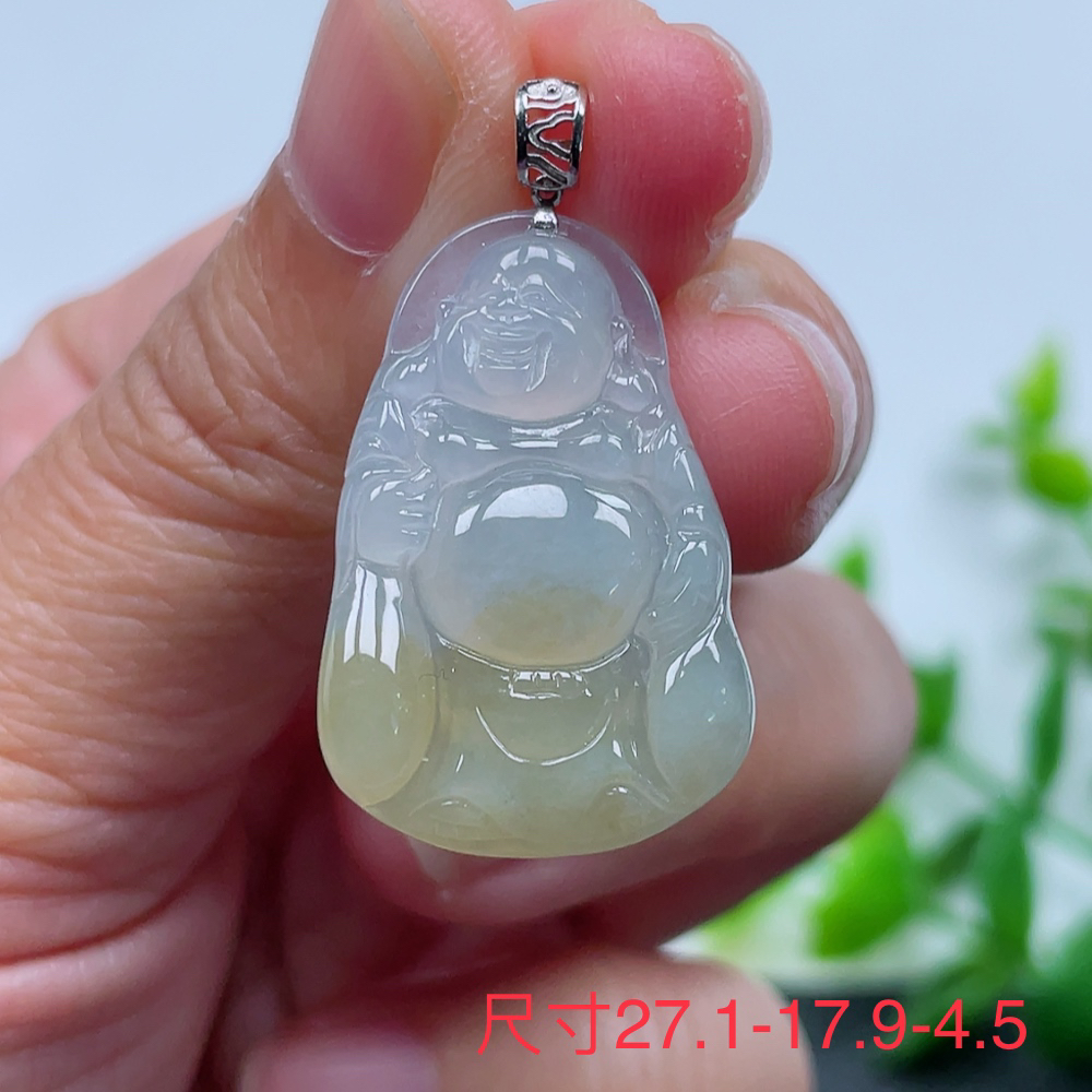 翡翠A货 18k金镶嵌冰糖黄布袋佛佛公吊坠