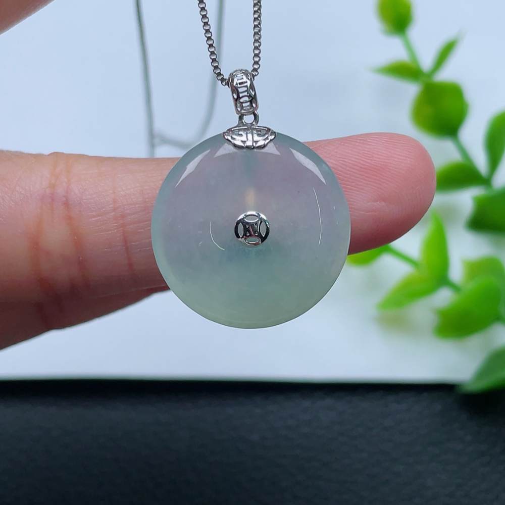 翡翠A货 18k金镶嵌冰晴底平安扣吊坠 尺寸21*4.7