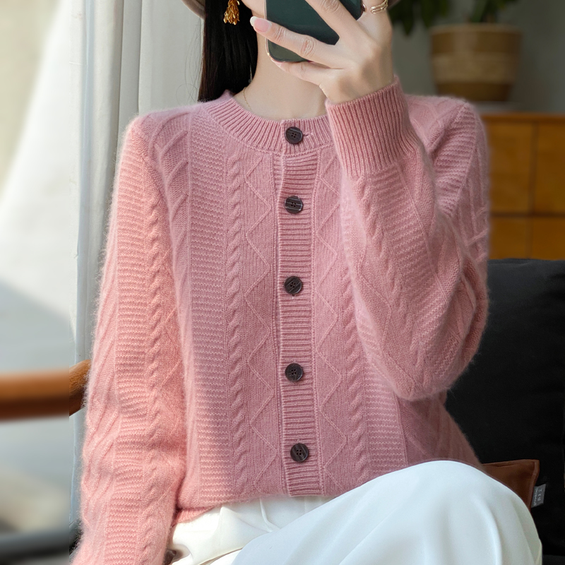 纯羊毛女士秋冬圆领时尚毛衣显瘦修身宽松加厚绞花咖色扣针织开衫
