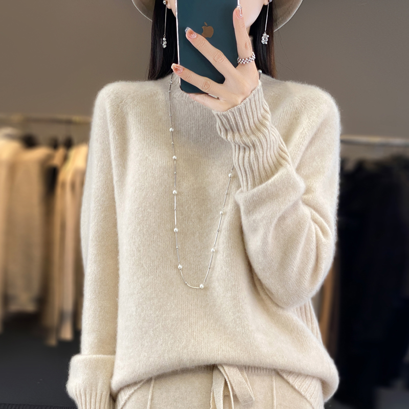 100纯羊毛女士秋冬时尚简约毛衣显瘦修身宽松气质高领加厚针织衫
