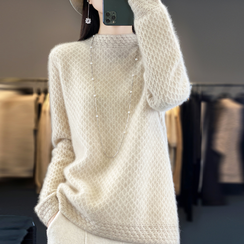 纯羊毛女士秋冬宽松时尚镂空毛衣气质百搭加厚蜂窝半高领针织衫