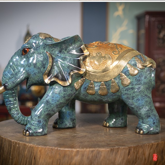 [箐铜记]中式金钱瑞兽描金纯手工纯铜工艺品办公室吉祥大象摆件