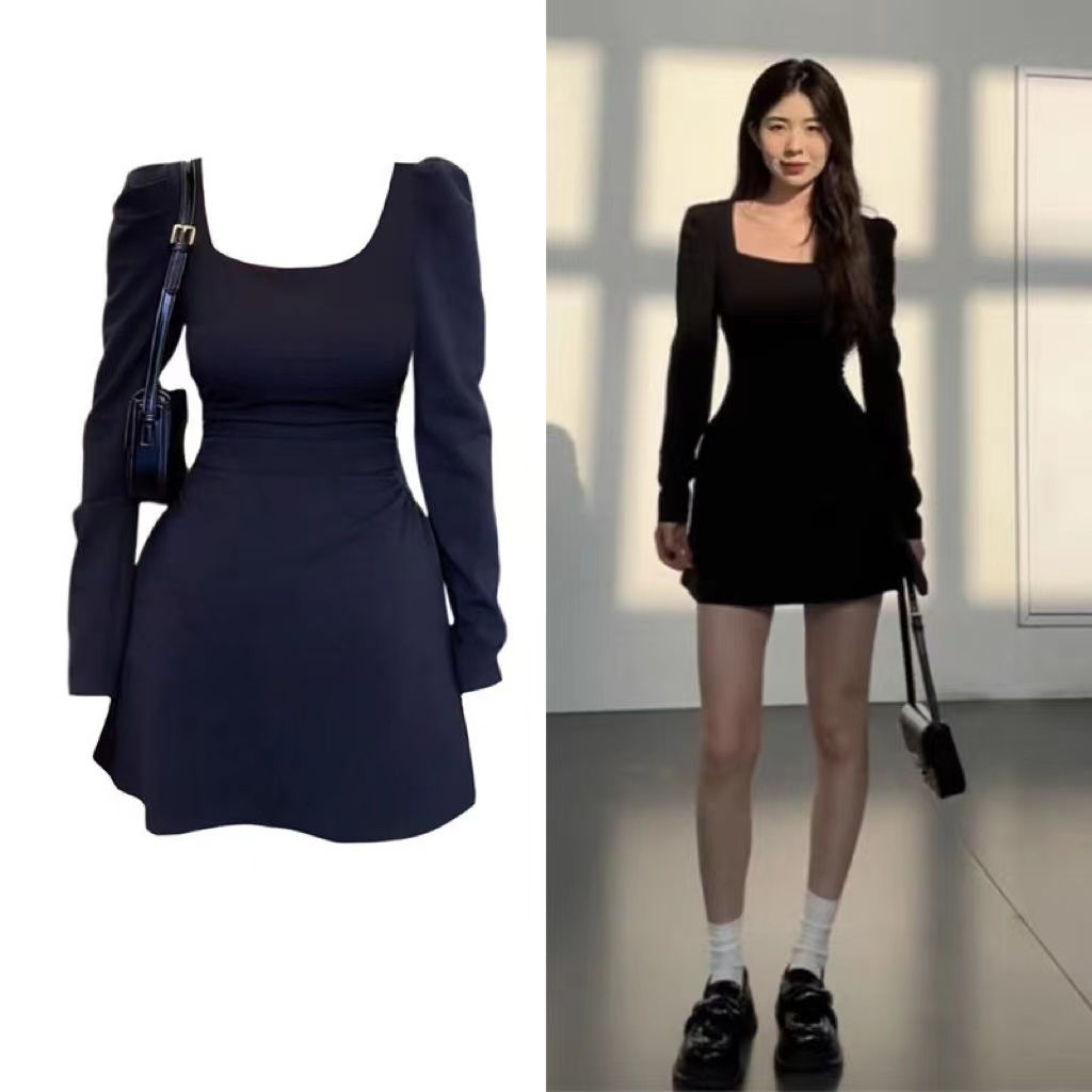 微胖mm法式复古长袖连衣裙女早秋季设计感褶皱收腰a字短裙小黑裙