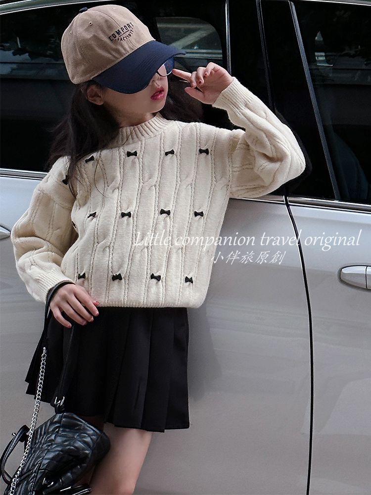 女童毛衣内搭秋冬季2025新款中大儿童冬女孩上衣白色针织套头毛衣