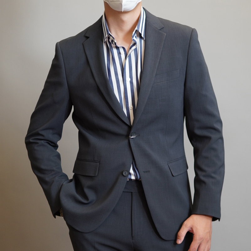 MNW秋冬新款单排扣灰色二件套西装 商务休闲 平驳领双开叉西服