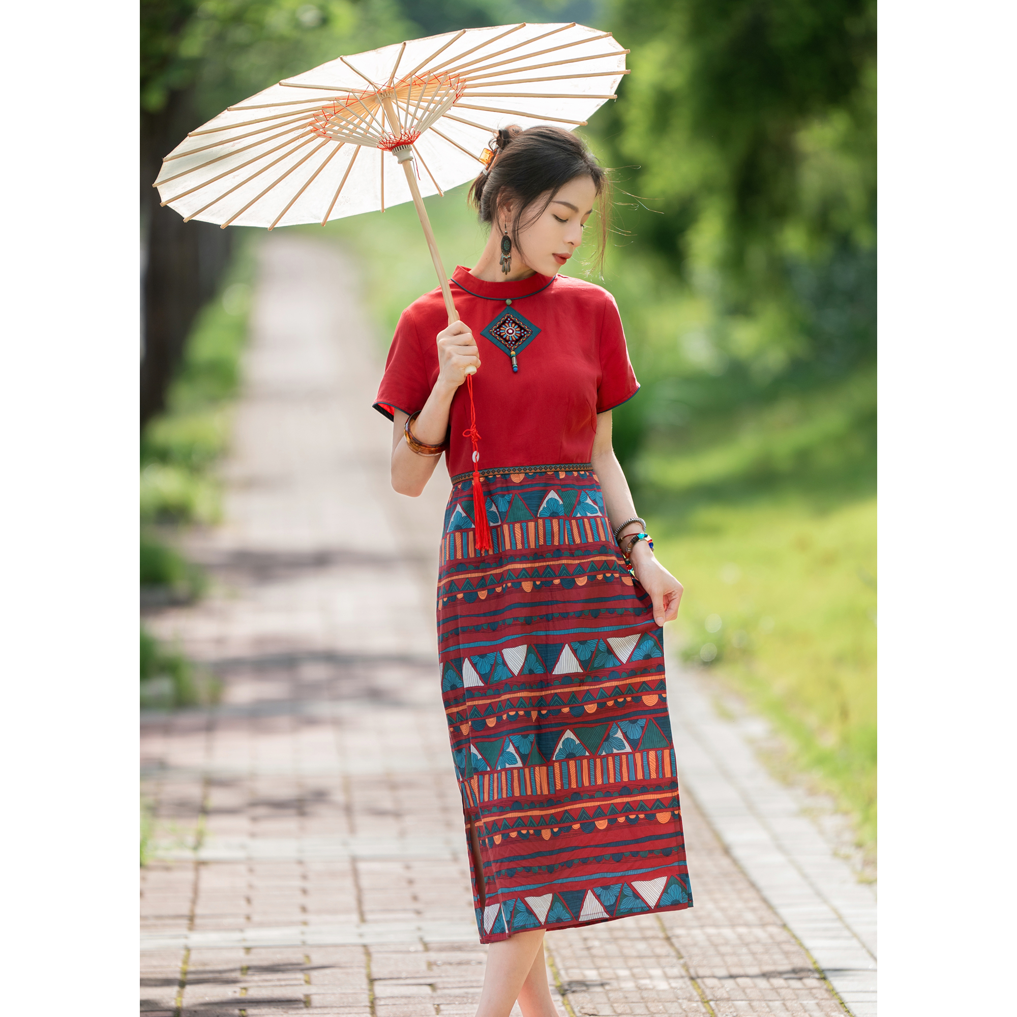 红裳复古风国风新中式旗袍民族风修身夏季碎花中国风HX9229003