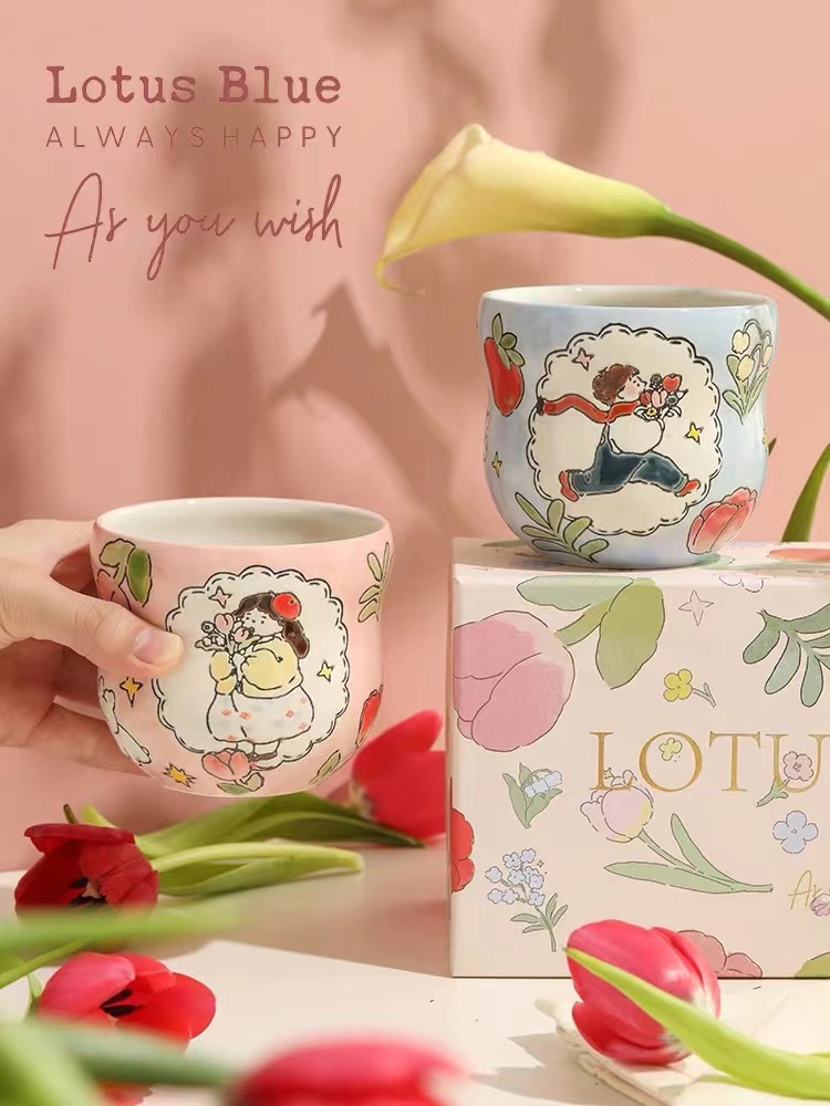 蓝莲花双向奔赴情侣原创手绘陶瓷对杯对碗套装