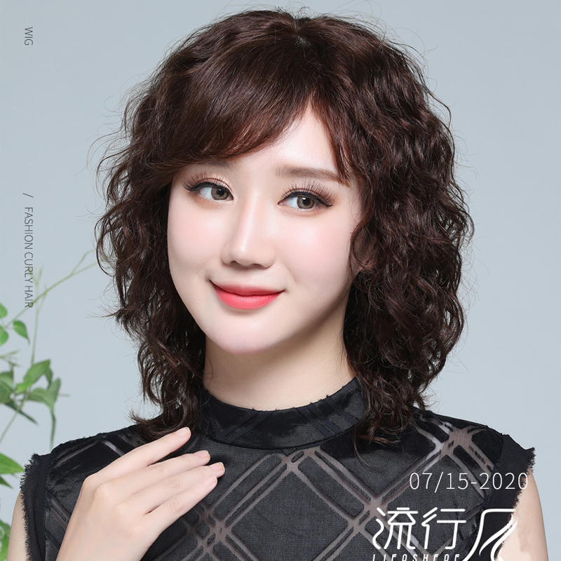 头皮中年妈妈女士假发全真人发丝假发头套100%真发假发头套羊毛卷