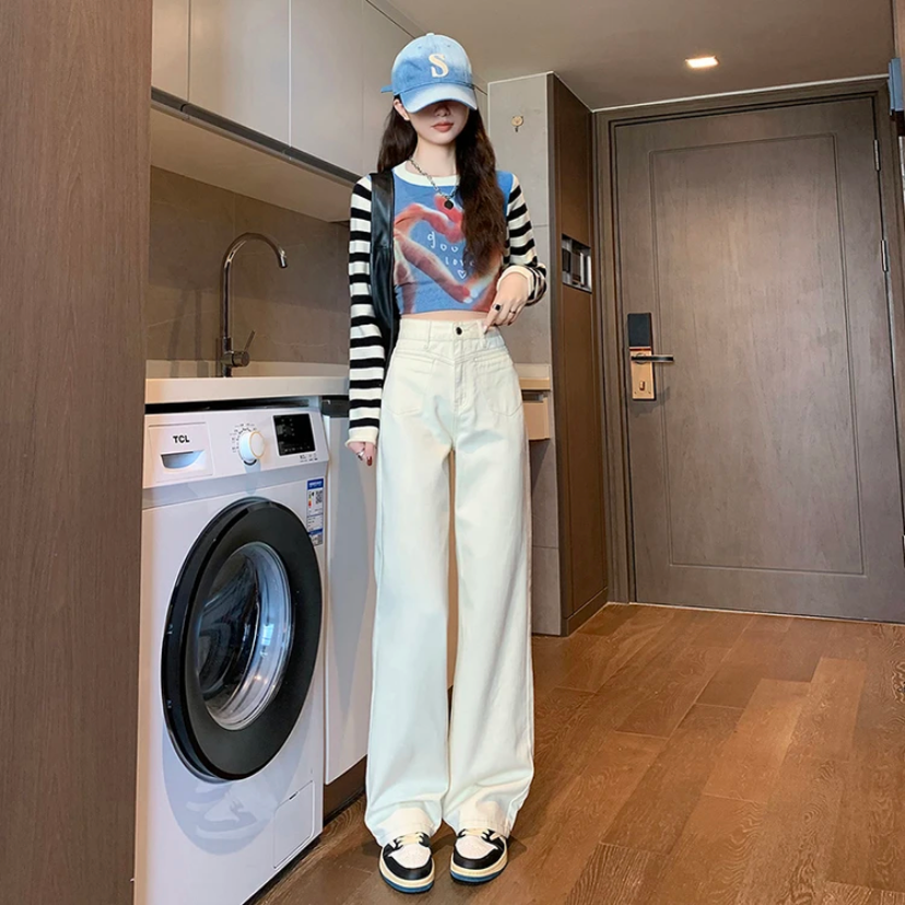 窄版高个子一定买它！直筒宽松高腰加长白色2024春季牛仔裤女