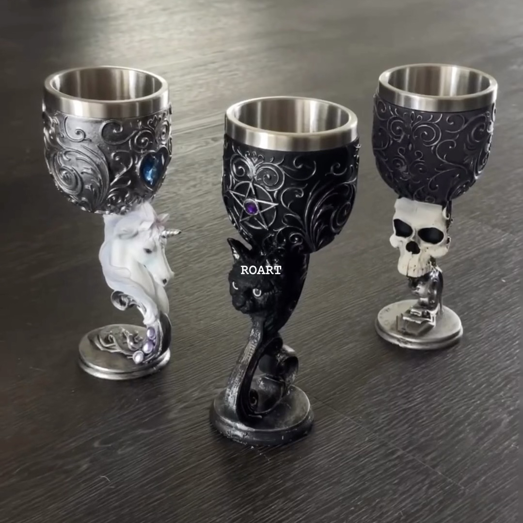 ROART创意异形哥特暗黑黑猫树脂中世纪复古高脚酒杯