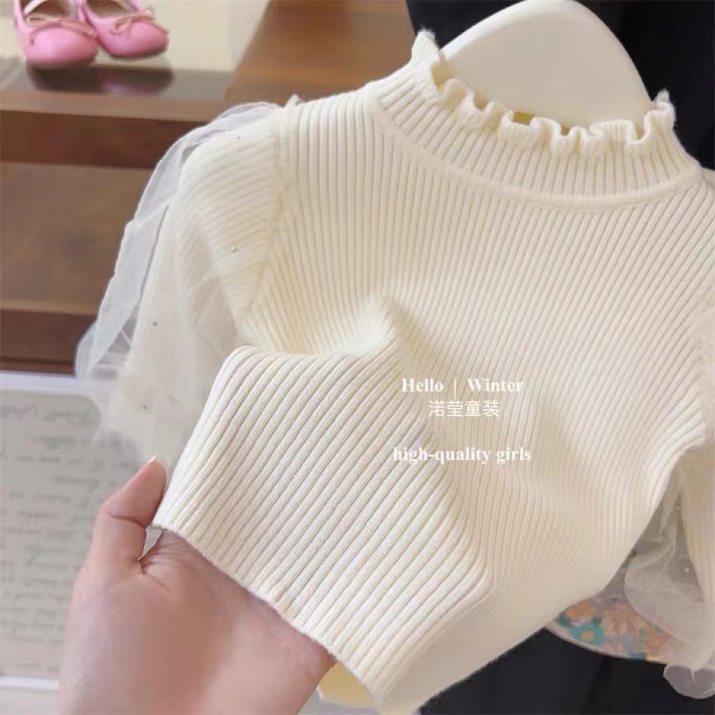 韩国童装女童打底衫秋冬洋气百搭白色泡泡袖针织衫半高领纯棉毛衣
