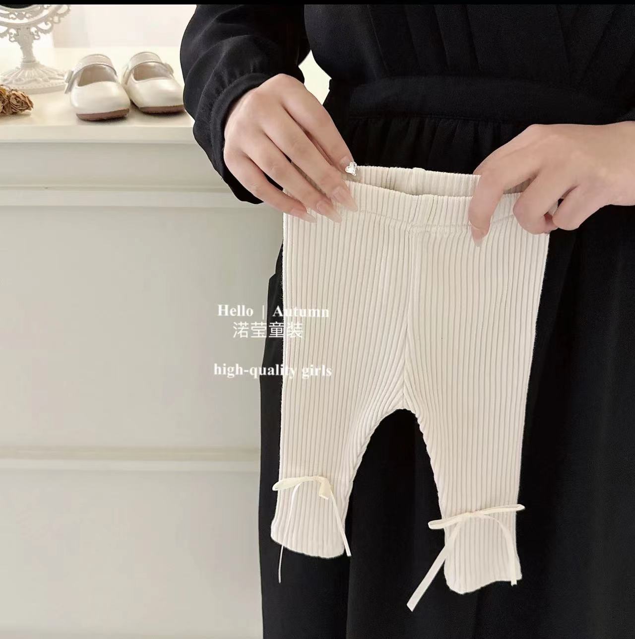 【甜品起司】韩版秋款女宝宝棉布弹力坑条纹纯色百搭春秋款打底裤 