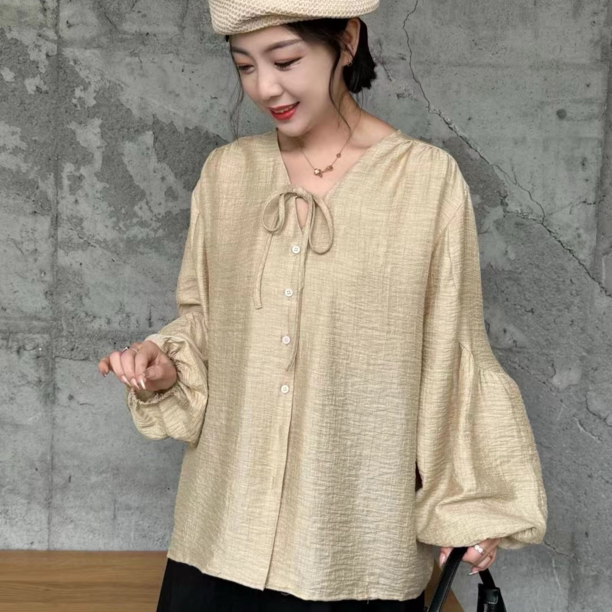 橘子家设计感灯笼袖显瘦韩系T丝衬衫