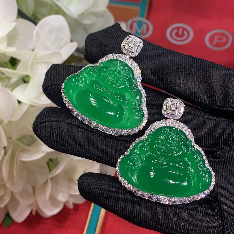 天然绿玉髓特大佛公吊坠S925银镶嵌小众玉石新款弥勒佛时尚大挂件