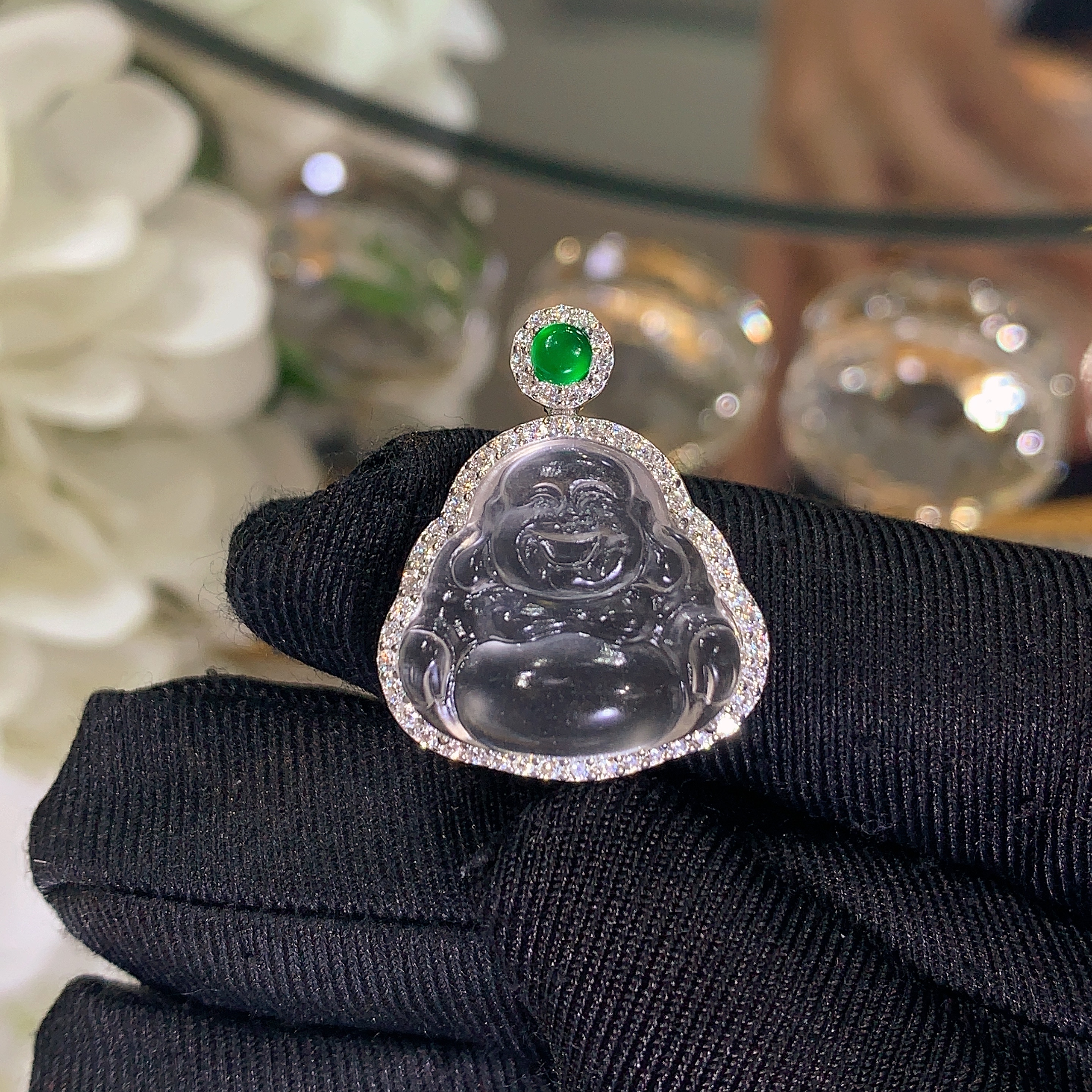 天然石英质玉弥勒佛吊坠S925银镶嵌百搭时尚小众玉石佛公轻奢挂件