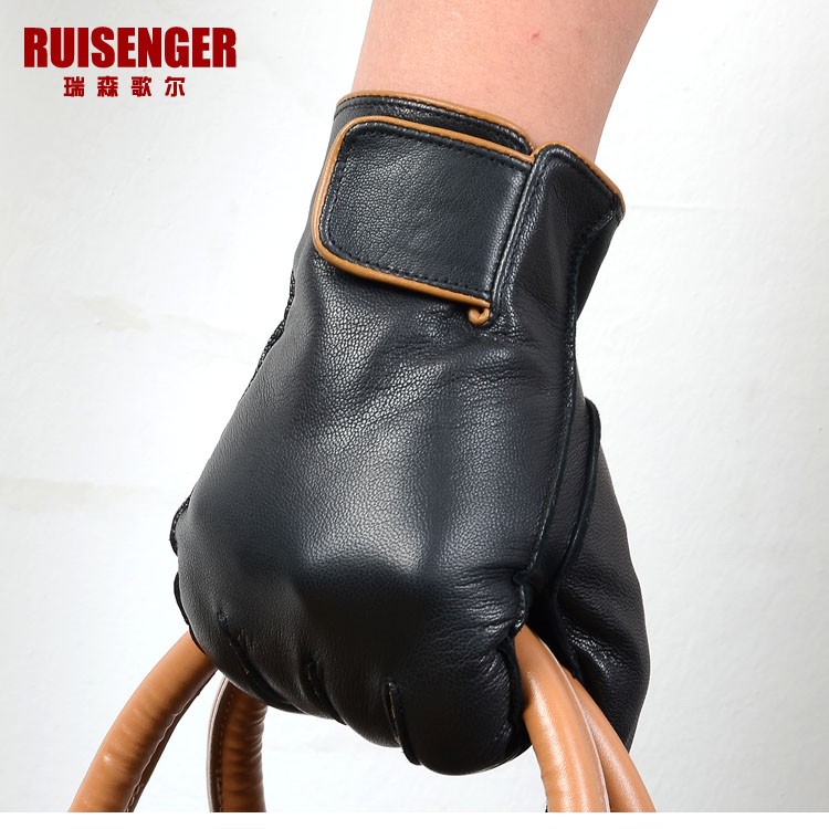 男款搭扣清水山羊皮手套加绒耐磨保暖