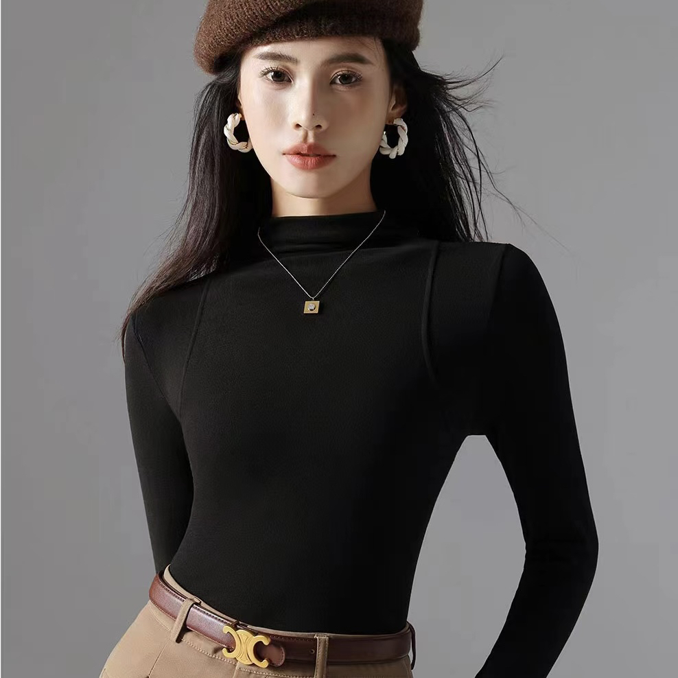 春秋百搭时尚中领保暖打底衫半高领针织堆堆领加绒修身白色纯色