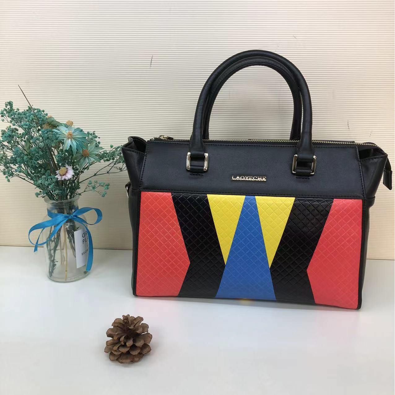 老车女包8154黑色条纹经典拼色肩包单肩奢侈中号