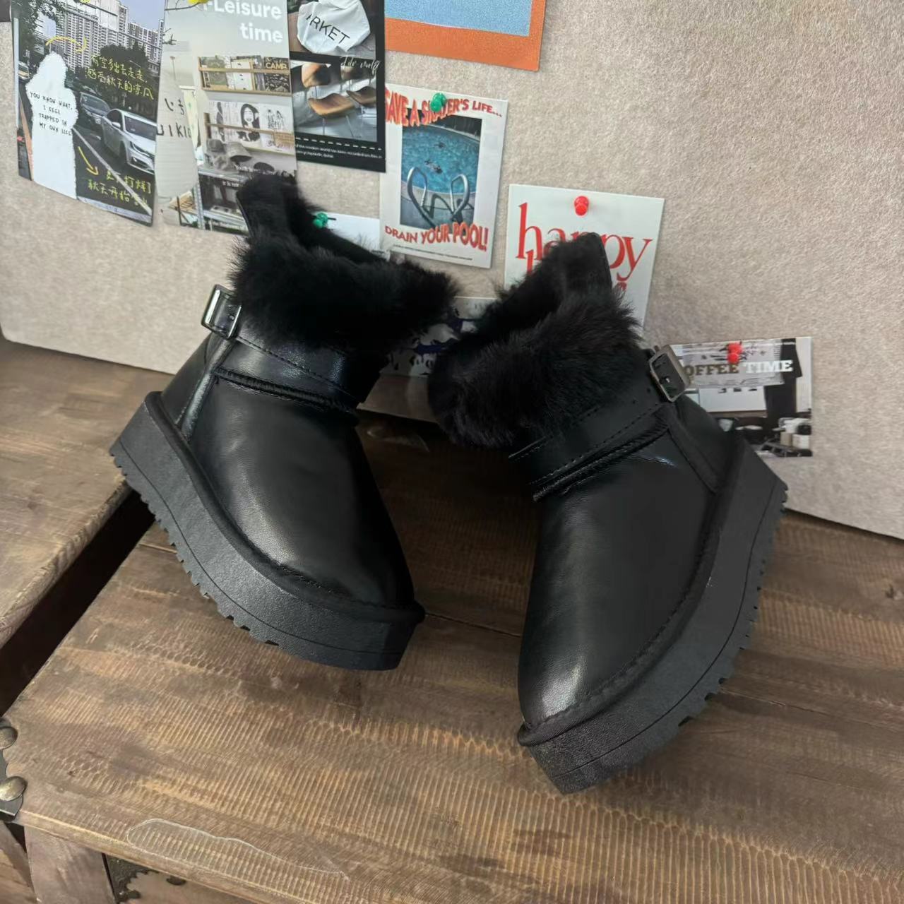 秒发厚底金属黑雪地靴2088