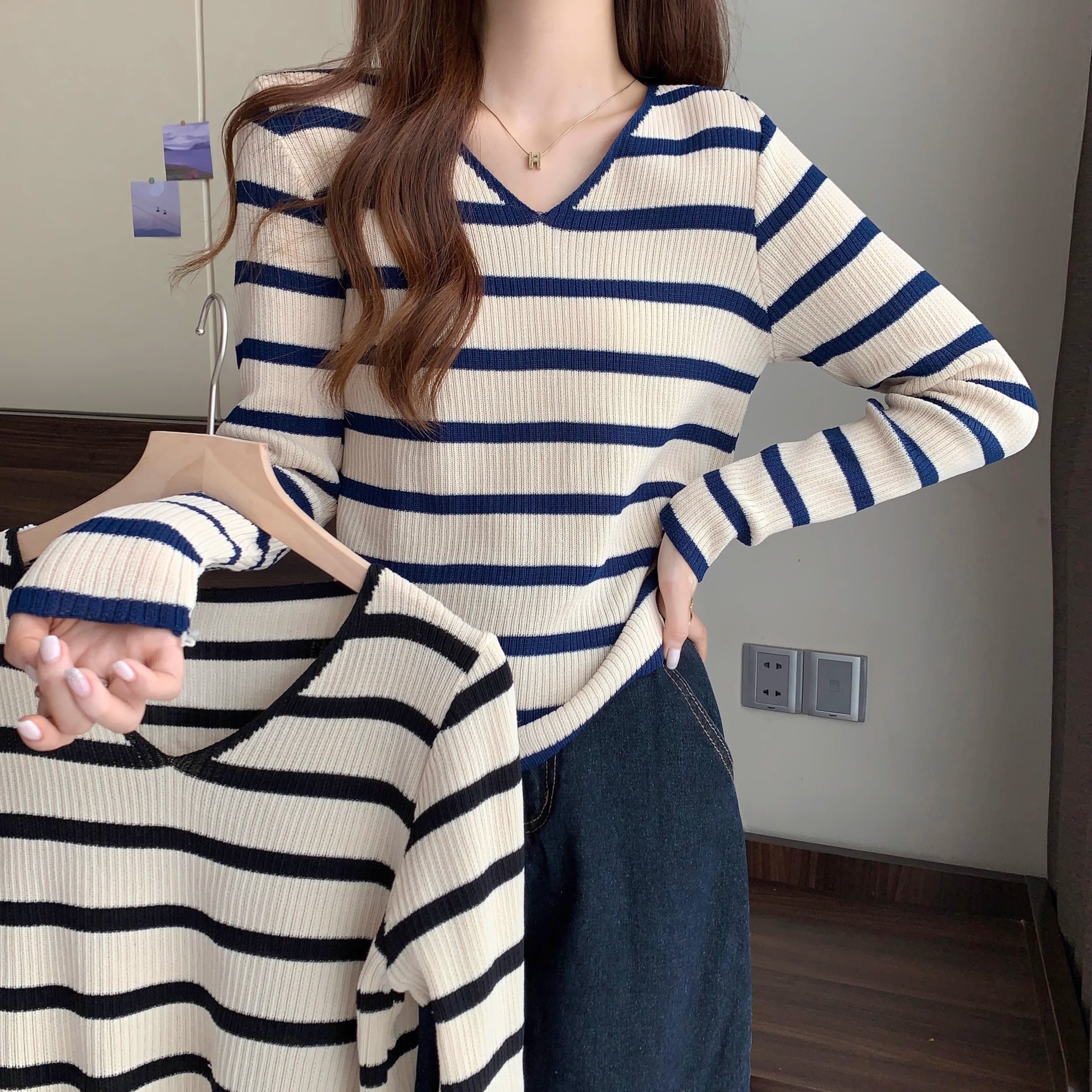 v领条纹针织衫上衣女2025秋季新款显瘦百搭长袖设计感打底衫毛衣