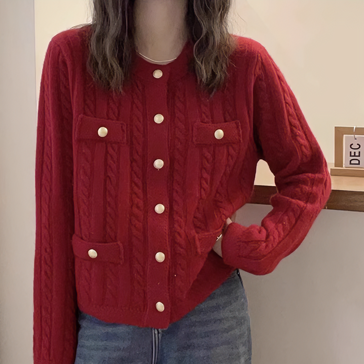 圆领小香风麻花红色针织上衣女2025秋冬新款气质百搭打底衫毛衣女