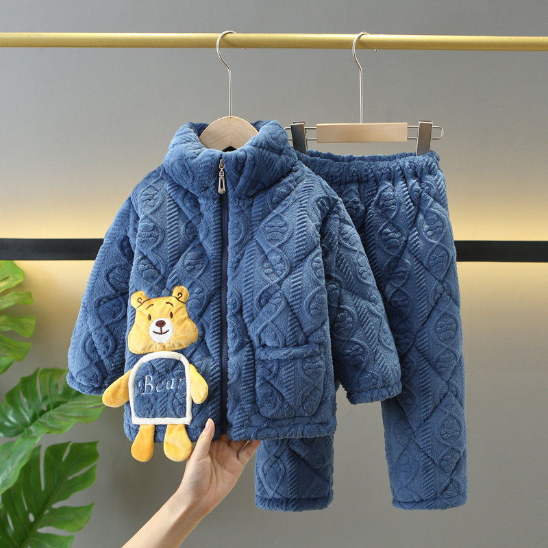 儿童睡衣法兰绒加厚夹棉套装男童小中大童卡通小熊拉链立领家居服