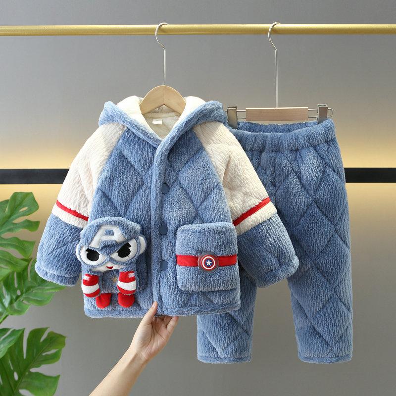 冬新款儿童睡衣法兰绒三层加厚夹棉套装男孩宝宝中大童家居服带帽