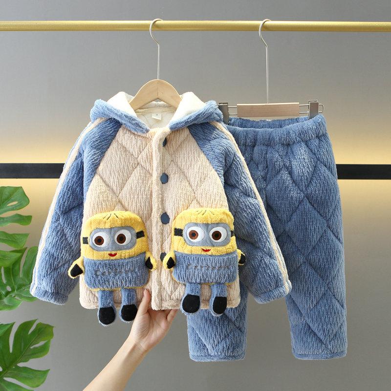 冬款儿童睡衣法兰绒加厚夹棉套装男孩男童中小宝宝卡通家居服连帽