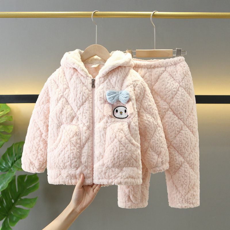 冬款女童珊瑚绒三层加厚夹棉睡衣带帽拉链款女孩子儿童保暖家居服