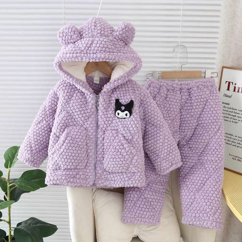 冬季女童睡衣三层加厚夹棉套装女孩中大童珊瑚绒亲子装家居服带帽