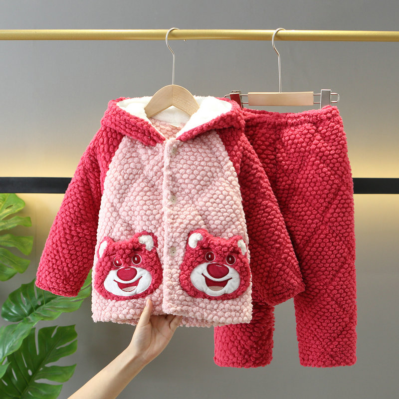 女童珊瑚绒三层加厚夹棉儿童睡衣宝宝小中大童小熊家居服套装带帽