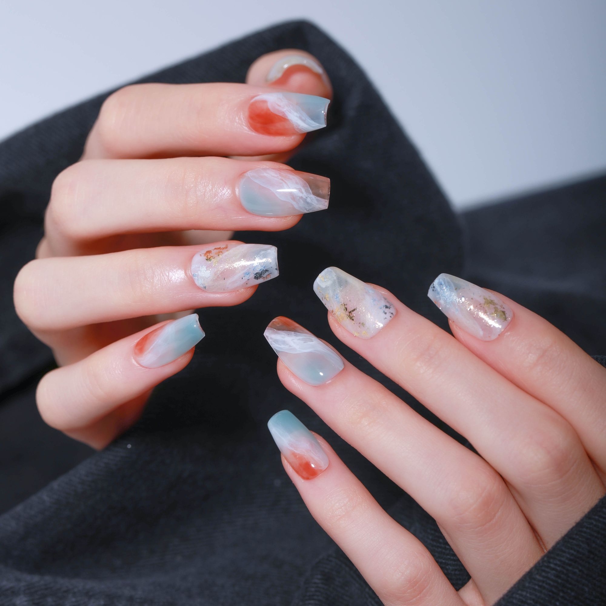 【琥珀敦煌】手绘水彩晕染拉丝金箔国风倾情纯手工穿戴甲M209