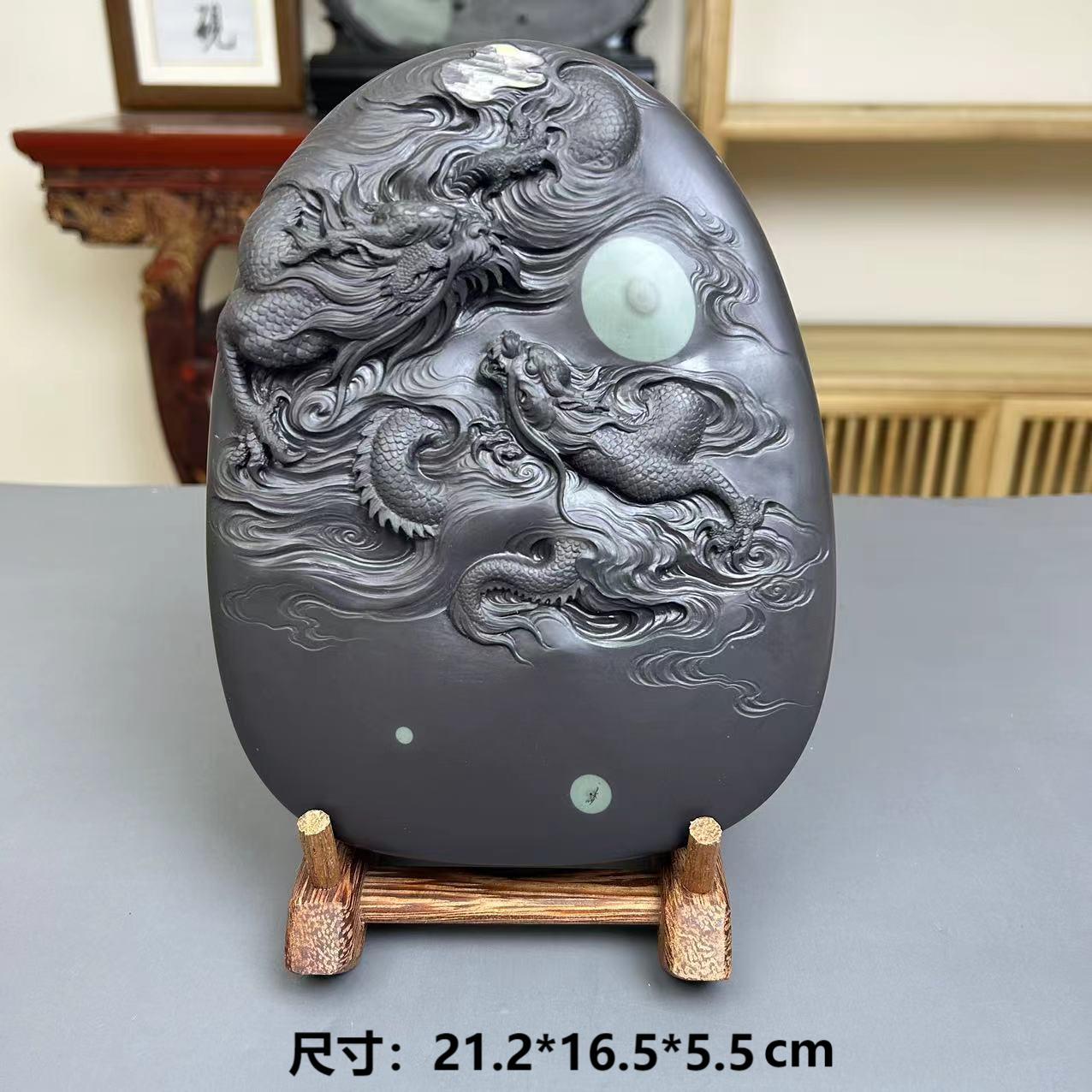 天然彩砚苴却砚 大师手工巧雕老料眼石砚台苍龍教子砚文房用品