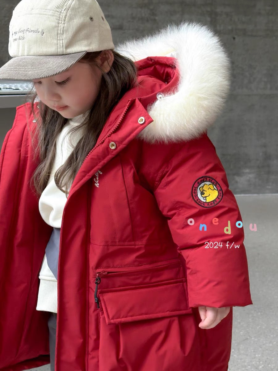 正品豆豆红色女童派克冬款新年款派克服2024新款