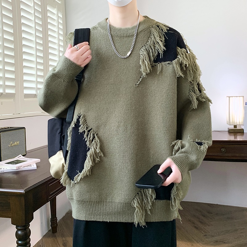 2025秋冬季新款男士毛衣加厚破洞流苏乞丐风毛衫宽松针织衫打底衫