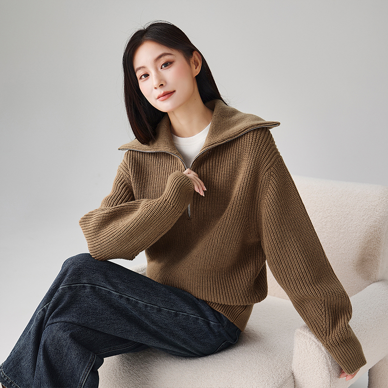 索菲丝尔半开拉链海军领加厚毛衣女2024冬季宽松套头针织衫448000