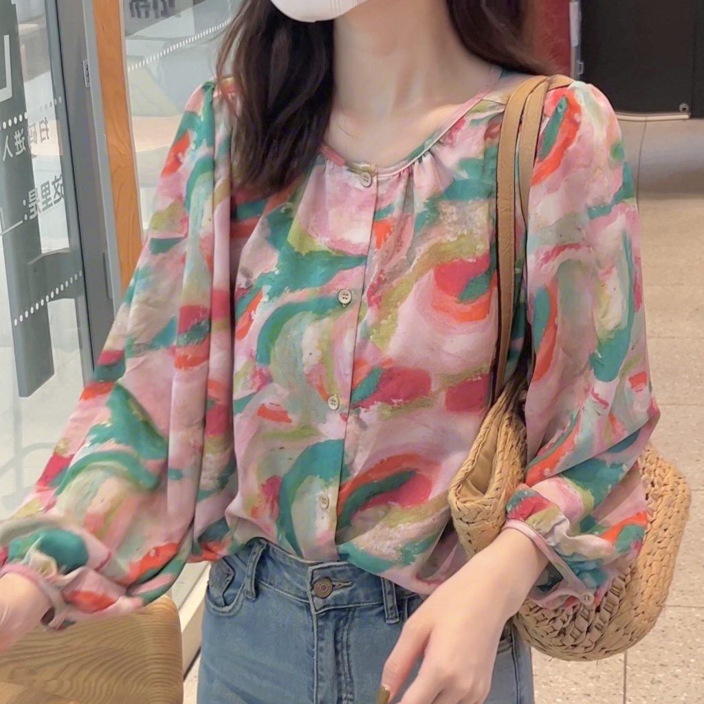 【现货】时尚印花衬衫女气质显瘦设计感小众百搭圆领薄款长袖上衣